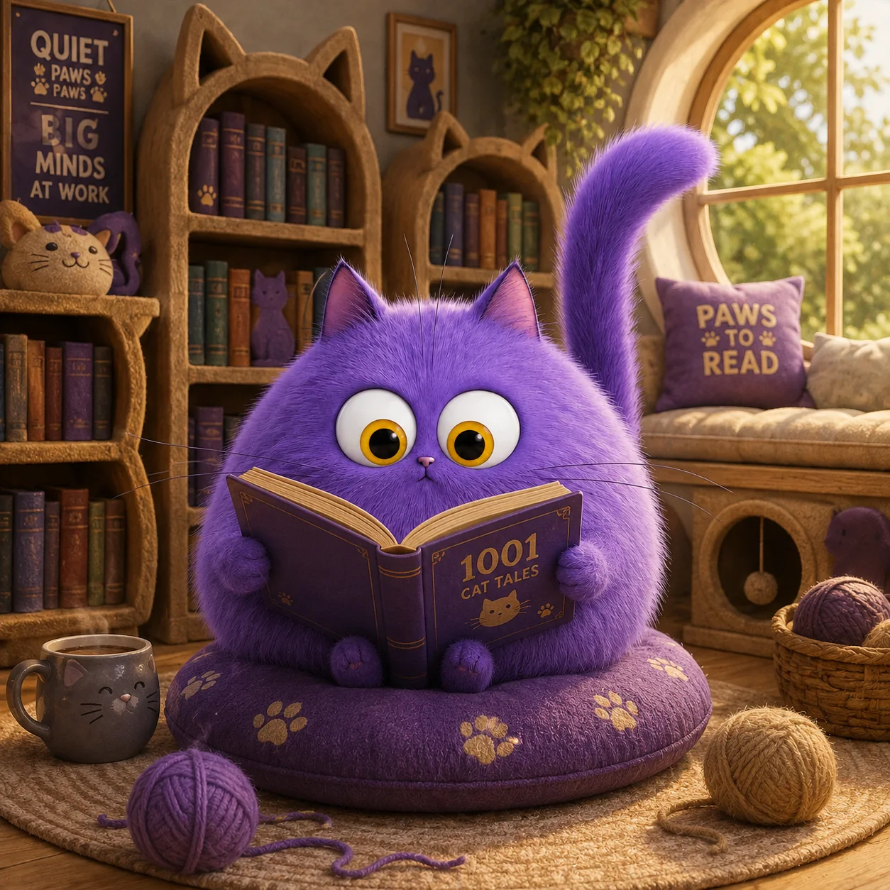 Purple Cate reading a cat book